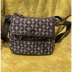 Fossil Signature Shoulder Bag Purse Canvas Leather Brown Tan Silver Hardware Key